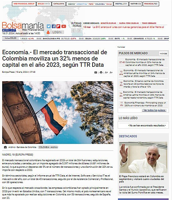Economa.- El mercado transaccional de Colombia moviliza un 32% menos de capital en el ao 2023, segn TTR Data